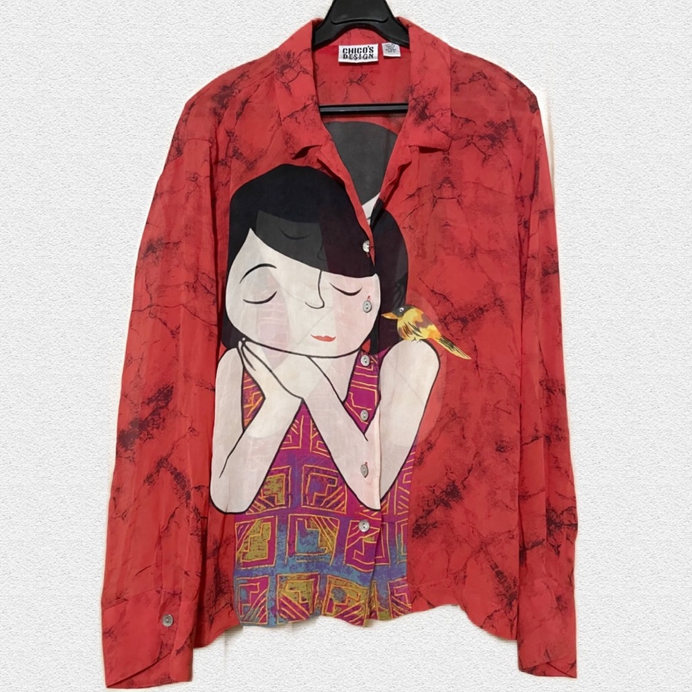 Chico’s Designs 100% Silk printed blouse size 2